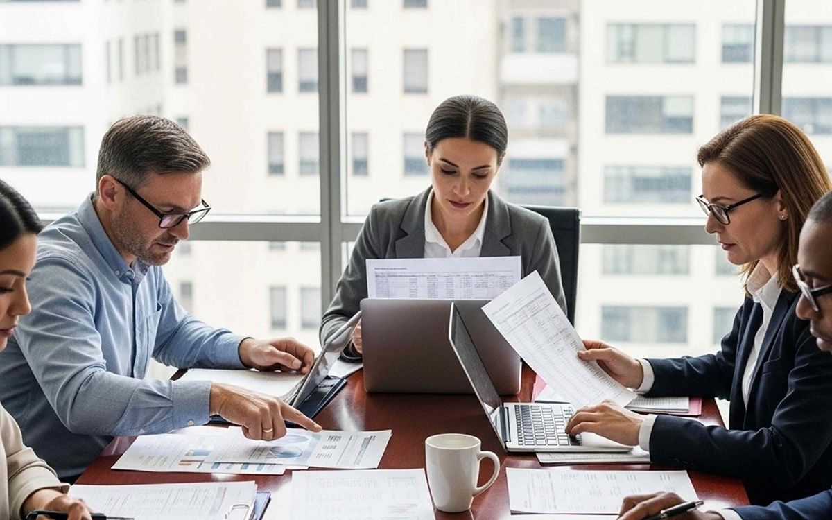 Accounting team reviewing financial reports around a boardroom table